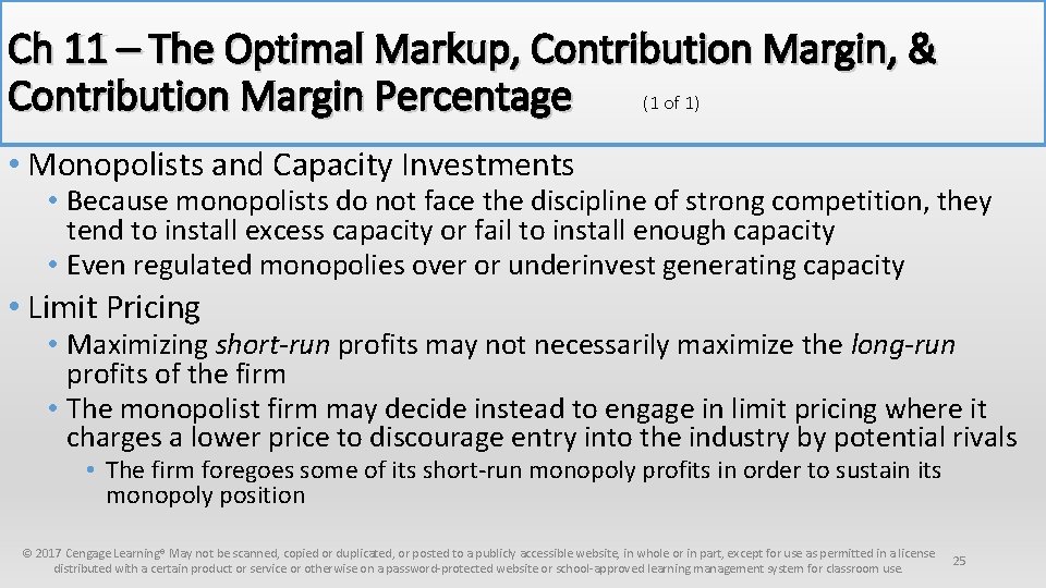 Ch 11 – The Optimal Markup, Contribution Margin, & Contribution Margin Percentage (1 of