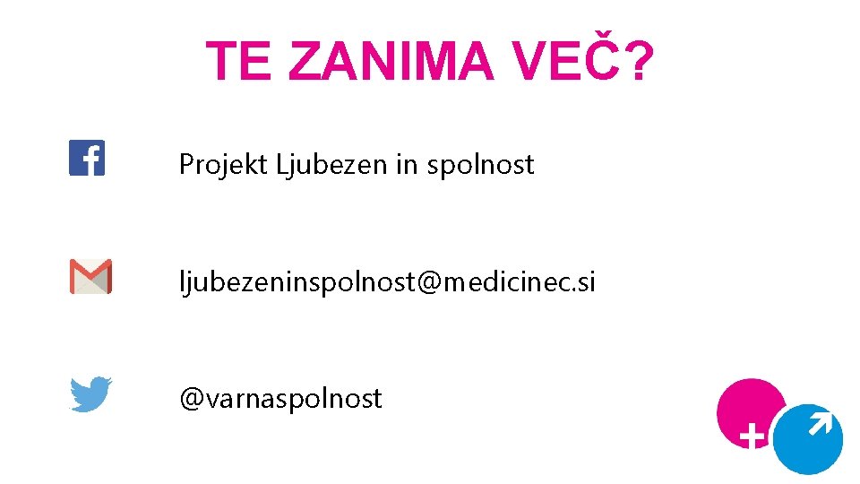 TE ZANIMA VEČ? Projekt Ljubezen in spolnost ljubezeninspolnost@medicinec. si @varnaspolnost 54 