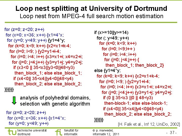 Loop nest splitting at University of Dortmund Loop nest from MPEG-4 full search motion