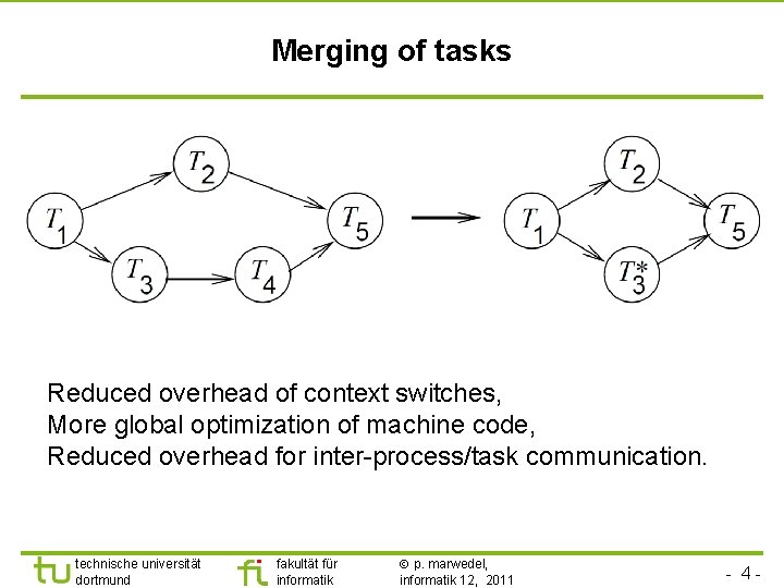 Merging of tasks Reduced overhead of context switches, More global optimization of machine code,