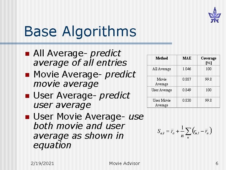 Base Algorithms n n All Average- predict average of all entries Movie Average- predict
