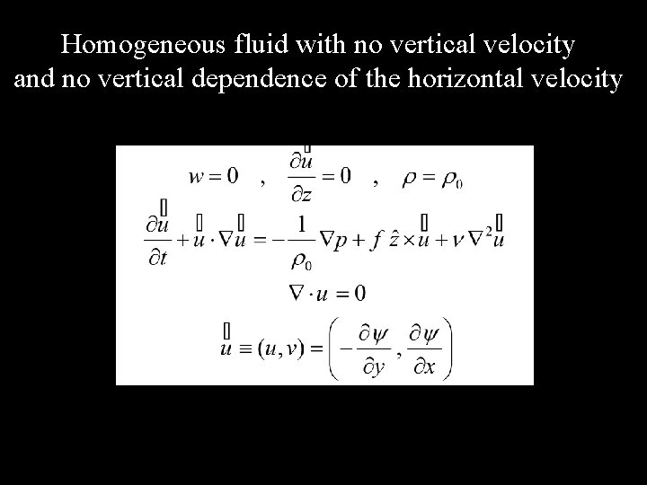 Homogeneous fluid with no vertical velocity and no vertical dependence of the horizontal velocity