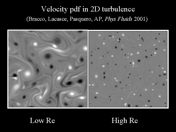 Velocity pdf in 2 D turbulence (Bracco, Lacasce, Pasquero, AP, Phys Fluids 2001) Low