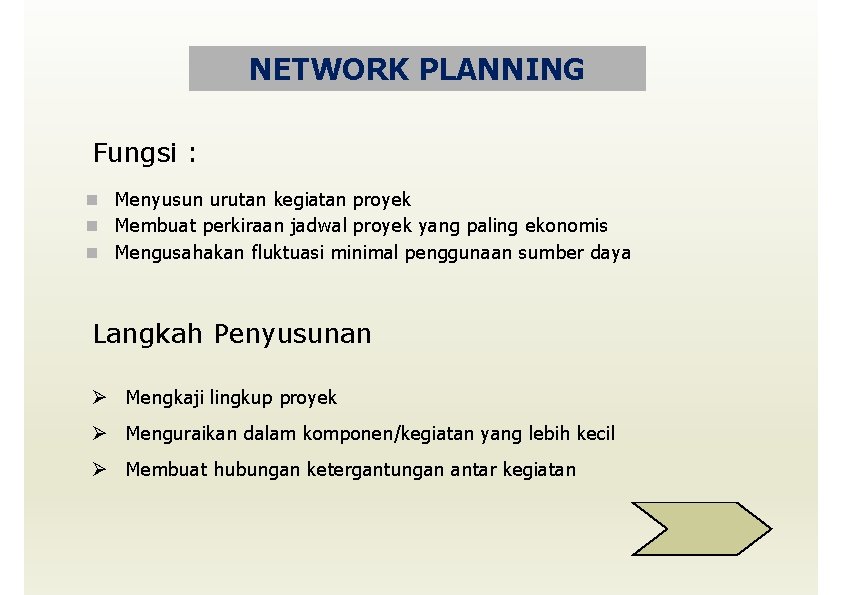 NETWORK PLANNING Fungsi : Menyusun urutan kegiatan proyek Membuat perkiraan jadwal proyek yang paling