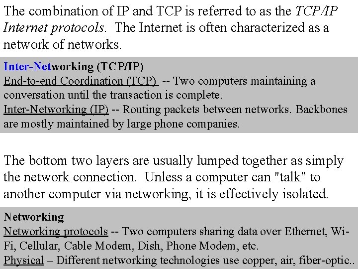 The combination of IP and TCP is referred to as the TCP/IP Internet protocols.