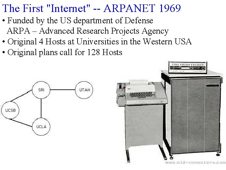 The First "Internet" -- ARPANET 1969 • Funded by the US department of Defense