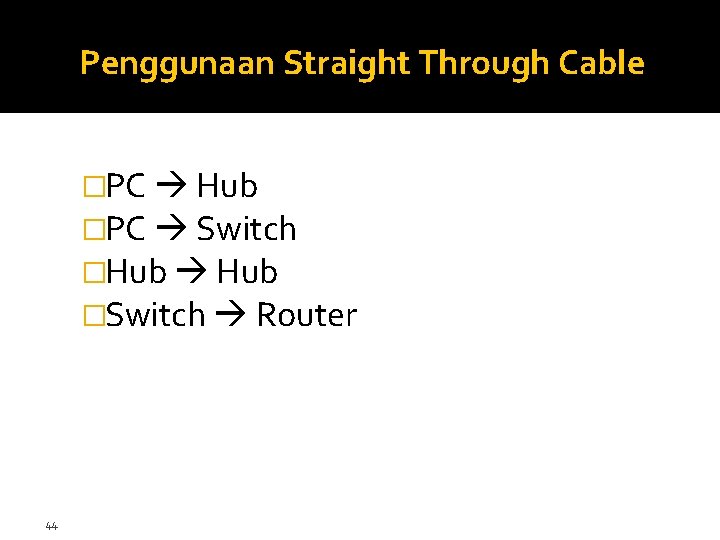 Penggunaan Straight Through Cable �PC Hub �PC Switch �Hub �Switch Router 44 