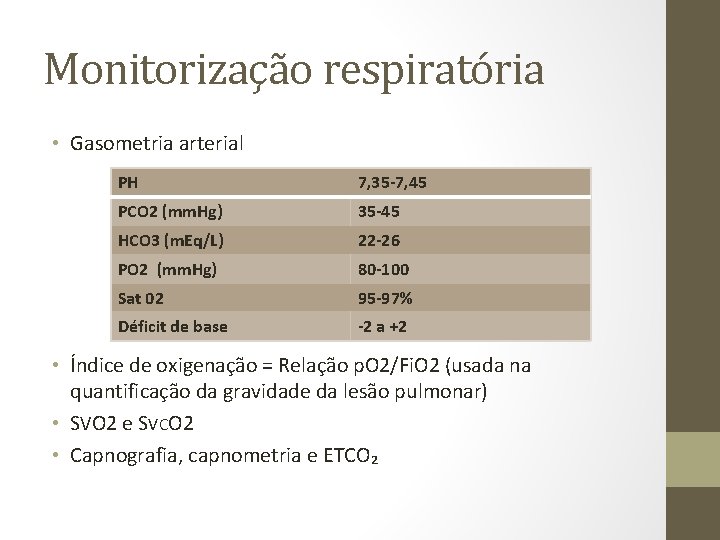 Monitorização respiratória • Gasometria arterial PH 7, 35 -7, 45 PCO 2 (mm. Hg)