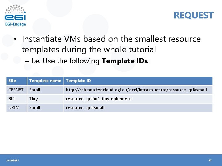 REQUEST • Instantiate VMs based on the smallest resource templates during the whole tutorial