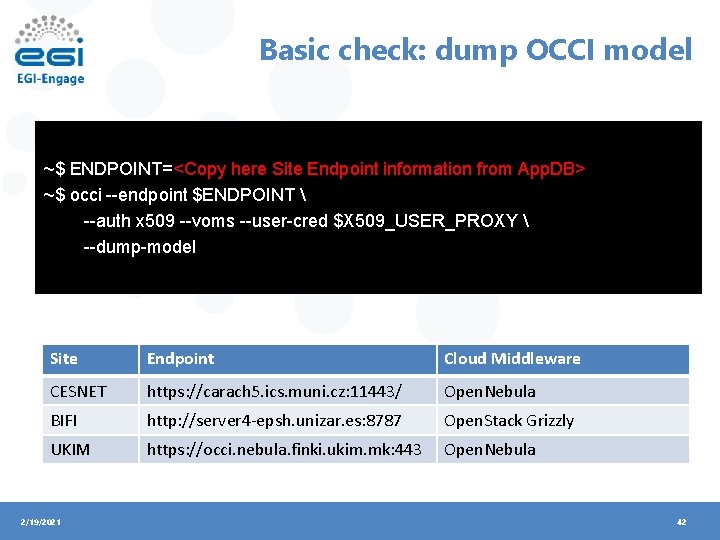 Basic check: dump OCCI model ~$ ENDPOINT=<Copy here Site Endpoint information from App. DB>