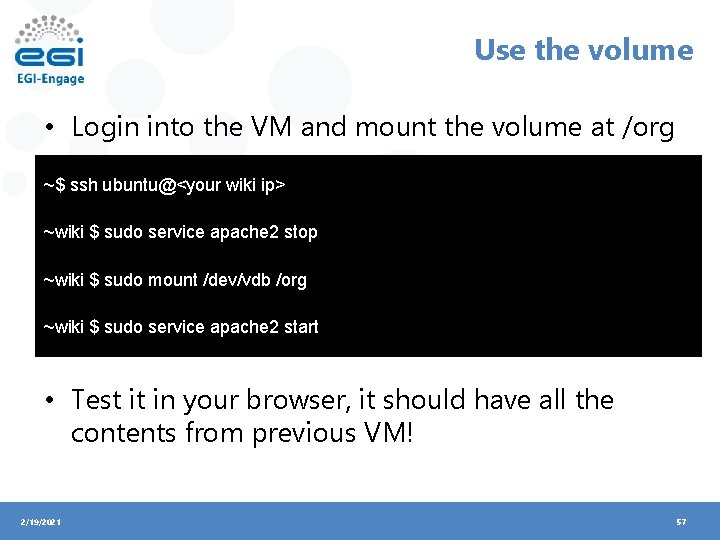 Use the volume • Login into the VM and mount the volume at /org