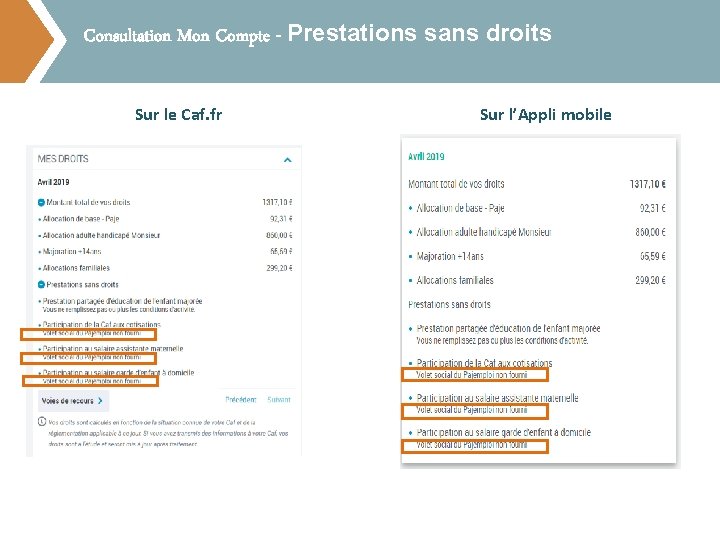 Consultation Mon Compte - Prestations sans droits Sur le Caf. fr Sur l’Appli mobile