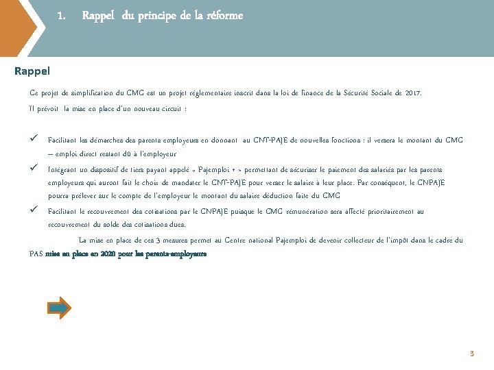 1. Rappel du principe de la réforme Rappel Ce projet de simplification du CMG