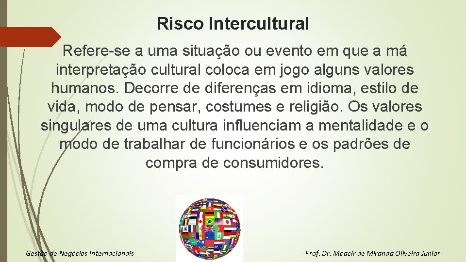 Risco Intercultural Refere-se a uma situação ou evento em que a má interpretação cultural