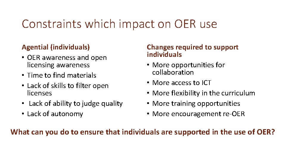 Constraints which impact on OER use Agential (individuals) • OER awareness and open licensing