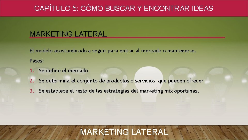 CAPÍTULO 5: CÓMO BUSCAR Y ENCONTRAR IDEAS MARKETING LATERAL El modelo acostumbrado a seguir