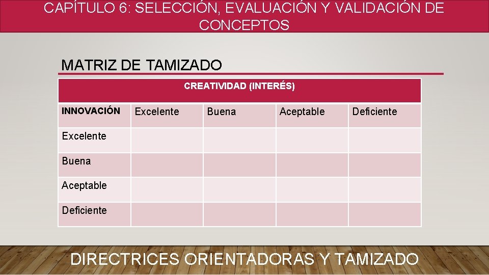 CAPÍTULO 6: SELECCIÓN, EVALUACIÓN Y VALIDACIÓN DE CONCEPTOS MATRIZ DE TAMIZADO CREATIVIDAD (INTERÉS) INNOVACIÓN