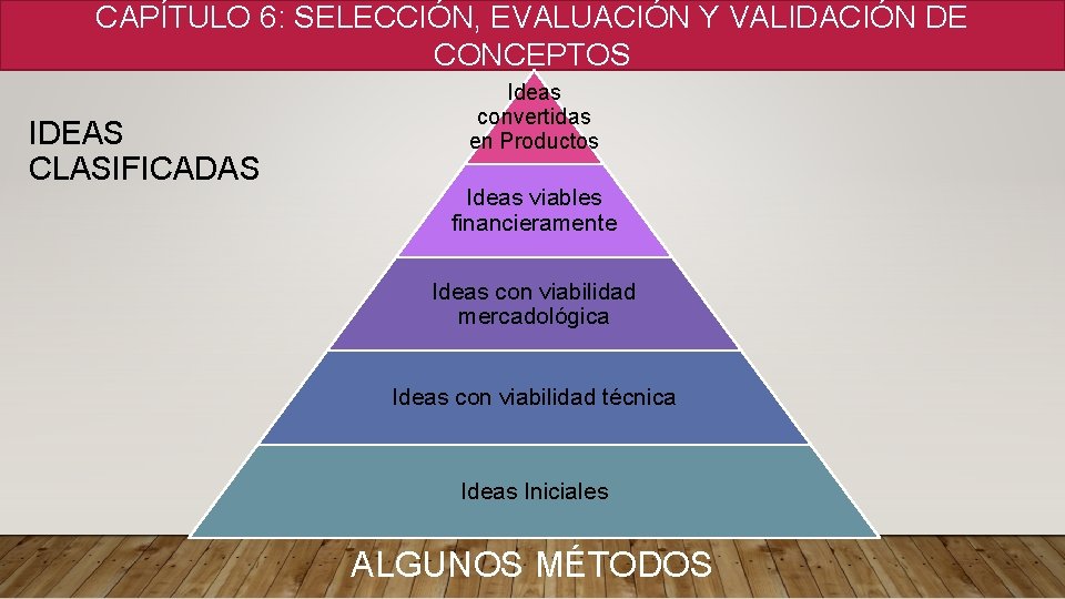 CAPÍTULO 6: SELECCIÓN, EVALUACIÓN Y VALIDACIÓN DE CONCEPTOS IDEAS CLASIFICADAS Ideas convertidas en Productos