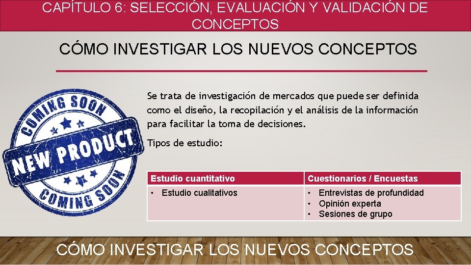 CAPÍTULO 6: SELECCIÓN, EVALUACIÓN Y VALIDACIÓN DE CONCEPTOS CÓMO INVESTIGAR LOS NUEVOS CONCEPTOS Se