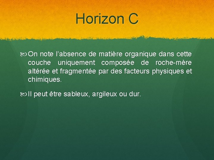 Horizon C On note l’absence de matière organique dans cette couche uniquement composée de