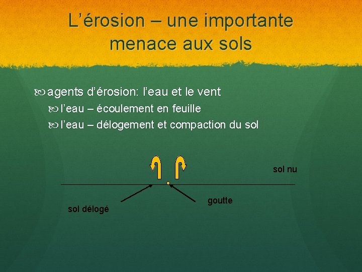 L’érosion – une importante menace aux sols agents d’érosion: l’eau et le vent l’eau