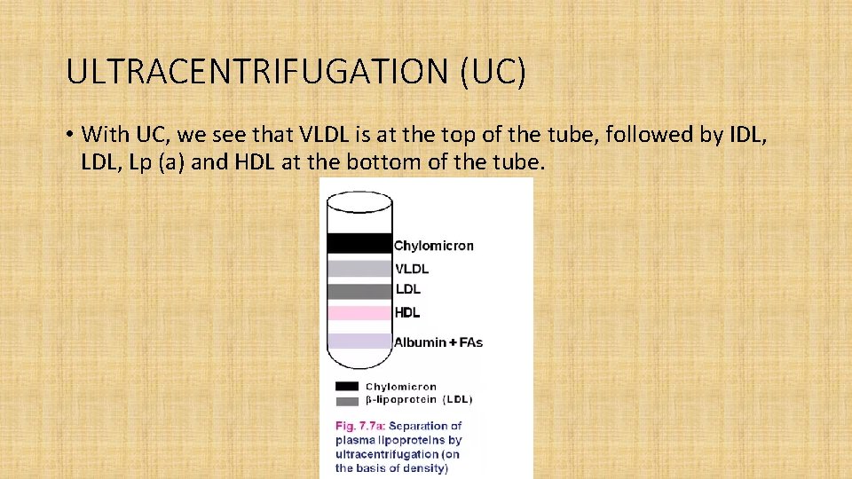 ULTRACENTRIFUGATION (UC) • With UC, we see that VLDL is at the top of
