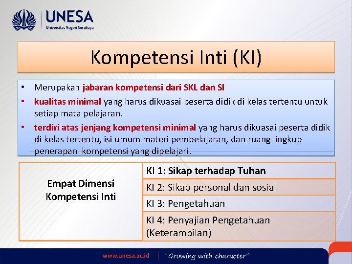 Kompetensi Inti (KI) • Merupakan jabaran kompetensi dari SKL dan SI • kualitas minimal