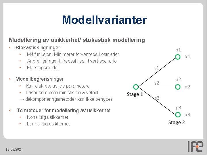 Modellvarianter Modellering av usikkerhet/ stokastisk modellering • Stokastisk ligninger • • • Målfunksjon: Minimerer Modellvarianter Modellering av usikkerhet/ stokastisk modellering • Stokastisk ligninger • • • Målfunksjon: Minimerer