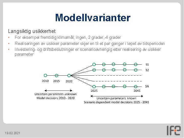 Modellvarianter Langsiktig usikkerhet • • • For eksempel fremtidig klimamål; ingen, 2 grader, 4 Modellvarianter Langsiktig usikkerhet • • • For eksempel fremtidig klimamål; ingen, 2 grader, 4
