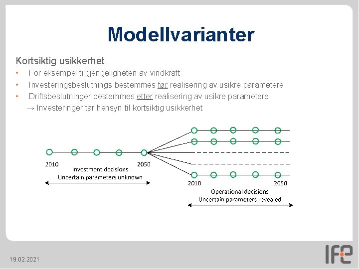 Modellvarianter Kortsiktig usikkerhet • • • For eksempel tilgjengeligheten av vindkraft Investeringsbeslutnings bestemmes før Modellvarianter Kortsiktig usikkerhet • • • For eksempel tilgjengeligheten av vindkraft Investeringsbeslutnings bestemmes før