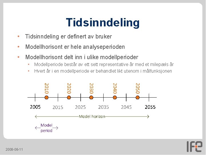 Tidsinndeling • Tidsinndeling er definert av bruker • Modellhorisont er hele analyseperioden • Modellhorisont Tidsinndeling • Tidsinndeling er definert av bruker • Modellhorisont er hele analyseperioden • Modellhorisont