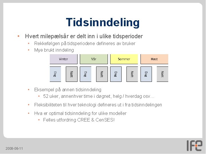 Tidsinndeling • Hvert milepælsår er delt inn i ulike tidsperioder 2008 -06 -11 • Tidsinndeling • Hvert milepælsår er delt inn i ulike tidsperioder 2008 -06 -11 •