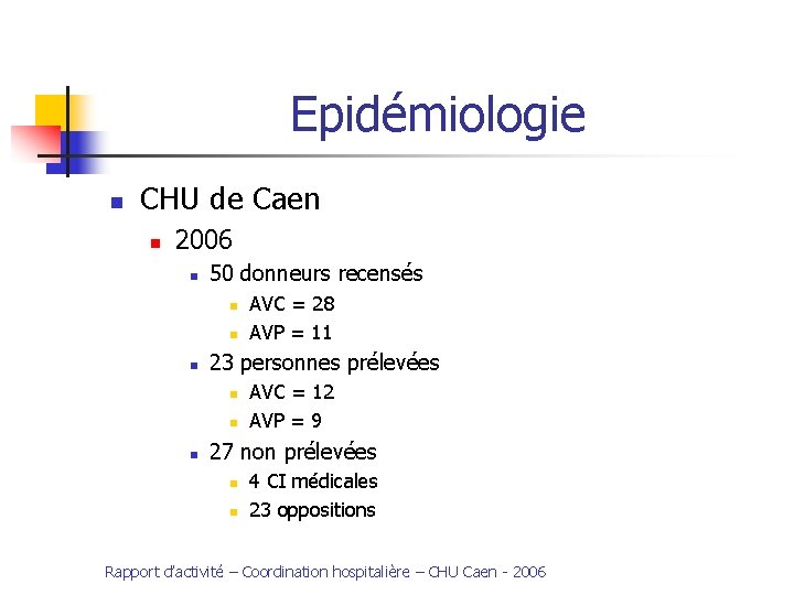 Epidémiologie n CHU de Caen n 2006 n 50 donneurs recensés n n n Epidémiologie n CHU de Caen n 2006 n 50 donneurs recensés n n n