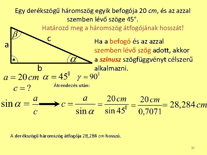 Egy derékszögű háromszög egyik befogója 20 cm, és az azzal szemben lévő szöge 45°.