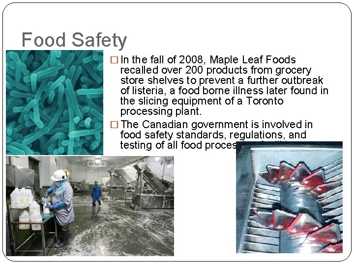 Food Safety � In the fall of 2008, Maple Leaf Foods recalled over 200