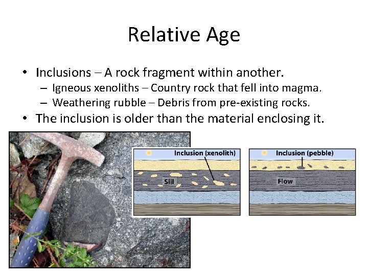 Relative Age • Inclusions – A rock fragment within another. – Igneous xenoliths –