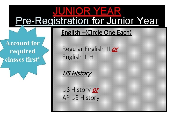 JUNIOR YEAR Pre-Registration for Junior Year English –(Circle One Each) Account for required classes