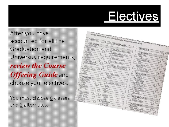 Elective Choices Electives After you have accounted for all the Graduation and University requirements,