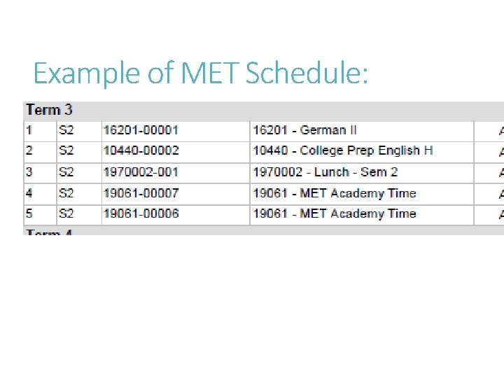 Example of MET Schedule: 