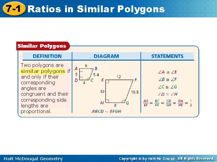 7 -1 Ratios in Similar Polygons Two polygons are similar polygons if and only