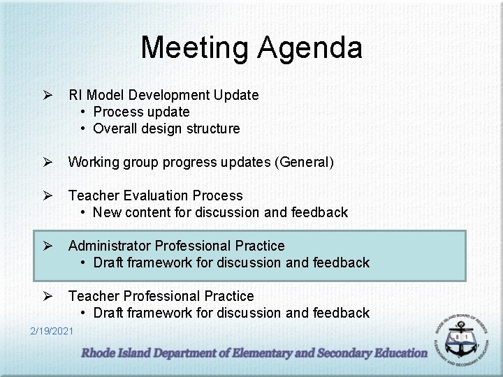Meeting Agenda Ø RI Model Development Update • Process update • Overall design structure