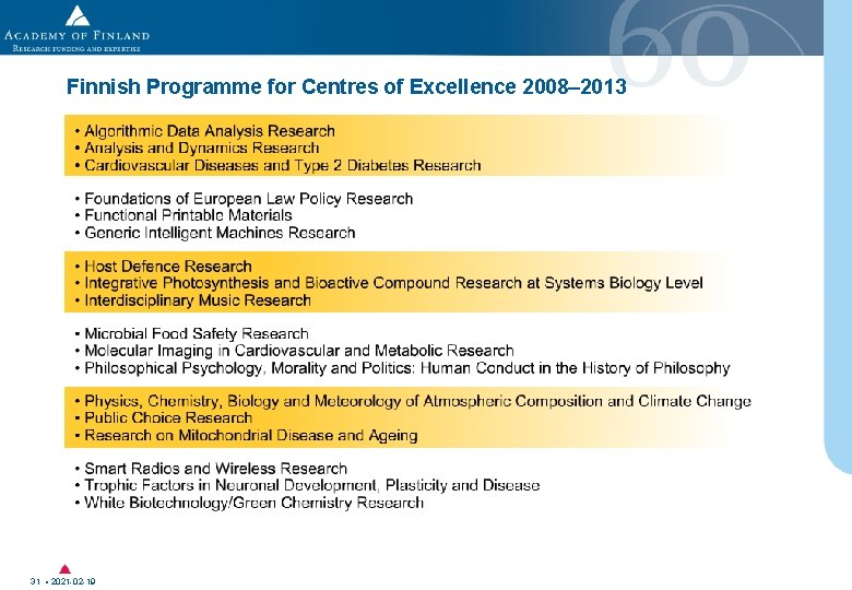 Finnish Programme for Centres of Excellence 2008– 2013 31 • 2021 -02 -19 Finnish Programme for Centres of Excellence 2008– 2013 31 • 2021 -02 -19