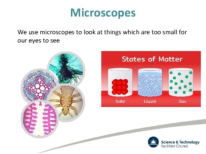 Microscopes We use microscopes to look at things which are too small for our