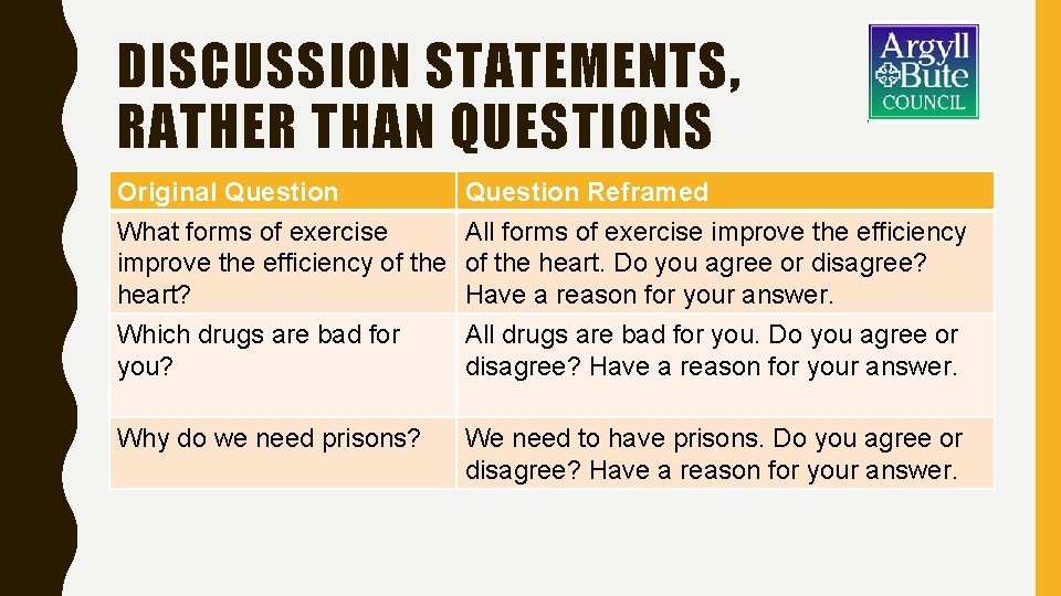 DISCUSSION STATEMENTS, RATHER THAN QUESTIONS Original Question What forms of exercise improve the efficiency