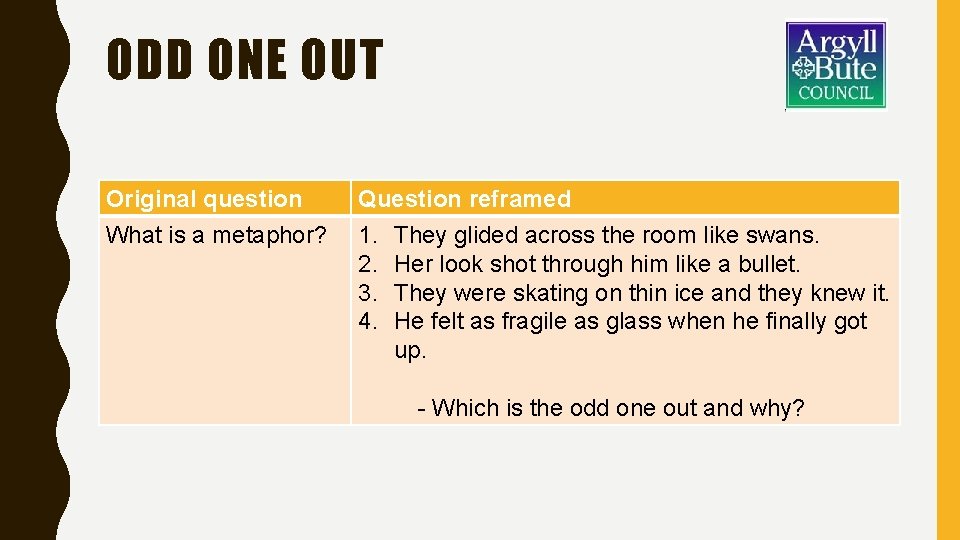 ODD ONE OUT Original question What is a metaphor? Question reframed 1. They glided