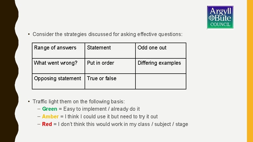  • Consider the strategies discussed for asking effective questions: Range of answers Statement