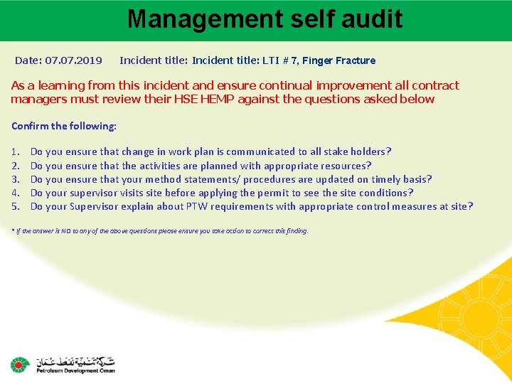 Management self audit Main contractor name – LTI# - Date of incident Date: 07.