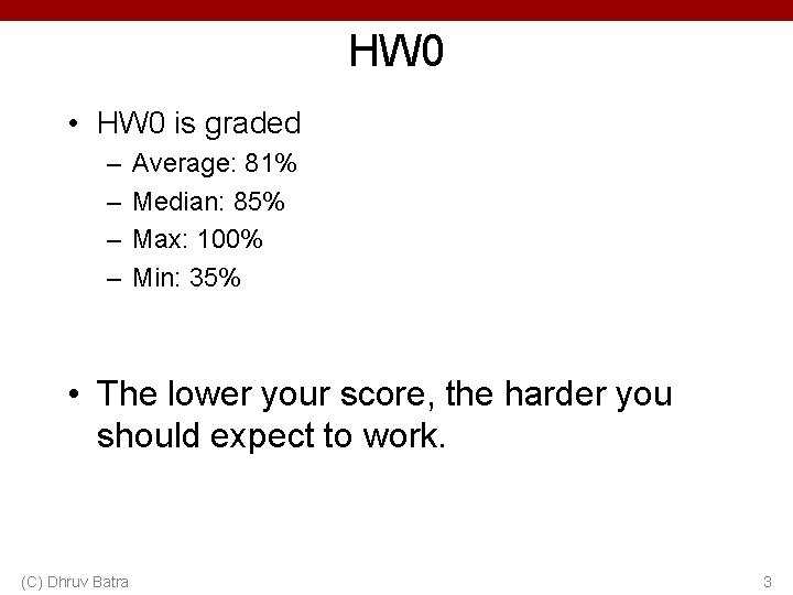 HW 0 • HW 0 is graded – – Average: 81% Median: 85% Max: