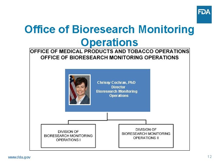 Office of Bioresearch Monitoring Operations Chrissy Cochran, Ph. D Director Bioresearch Monitoring Operations www.