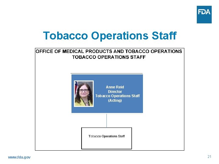 Tobacco Operations Staff Anne Reid Director Tobacco Operations Staff (Acting) www. fda. gov 21